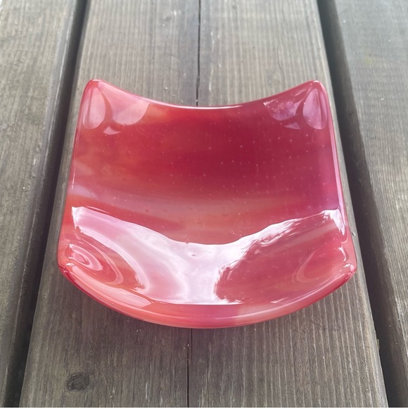 Fused Glass Pink, Red, and White Swirl Trinket Dish Tealight Holder Catchall - Picture 2 of 13